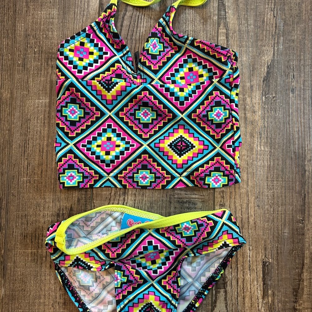 Yellow and Pink Geometric Bikini Swim Set